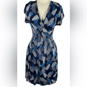 Tory Burch 100% Silk Shell Print Wrap Dress Size S | Navy Teal | Smocked Waist